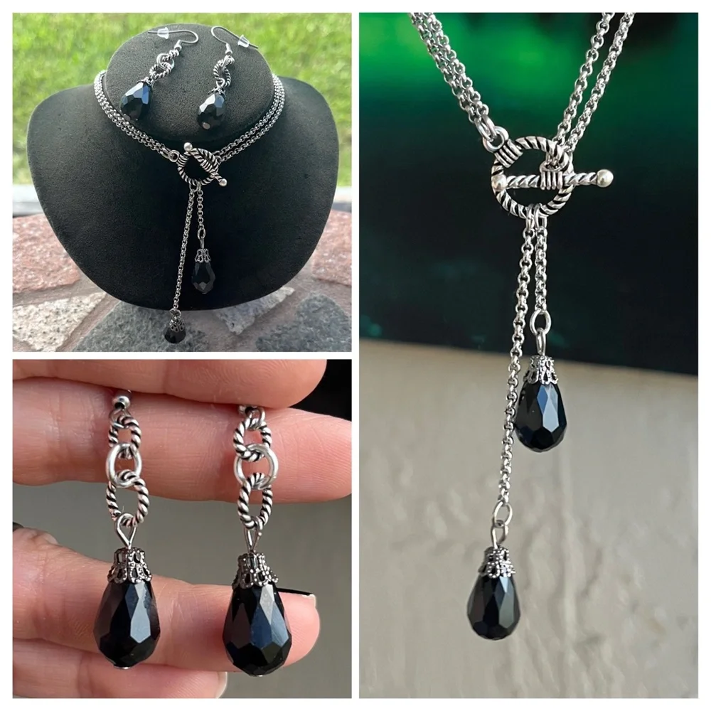 Y shape lariat double chain necklace Set black crystals ( necklace + earrings )